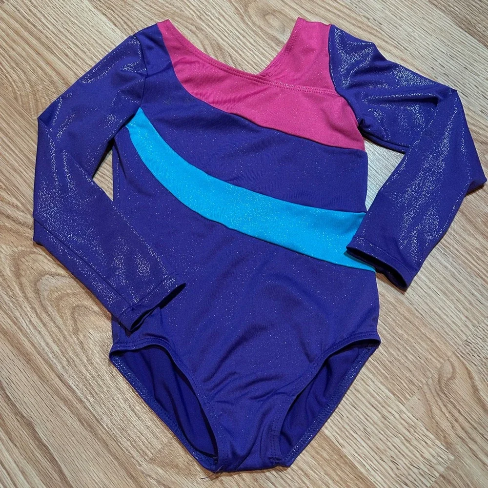 Girls Purple Sparkle Long Sleeve Gymnastics Leotard Pink Blue‎ Glitter Size 120
